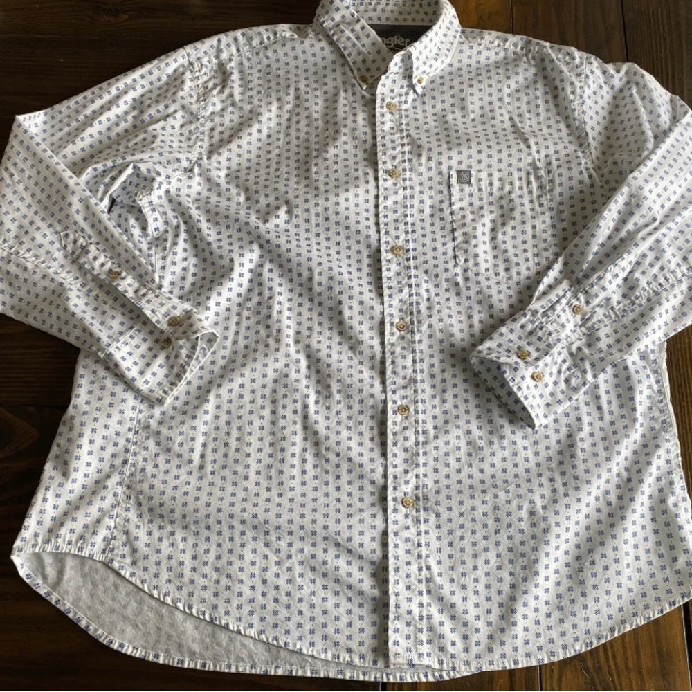Wrangler Performance 2XL Long Sleeve Button Down Short White Blue Design